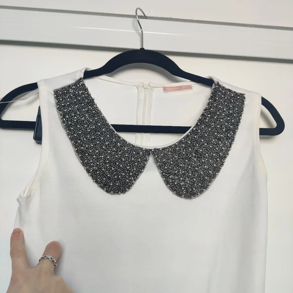 *White Beaded Peter Pan Collar Mini Dress Belted Sheath Sleeveless Small - Picture 5 of 7
